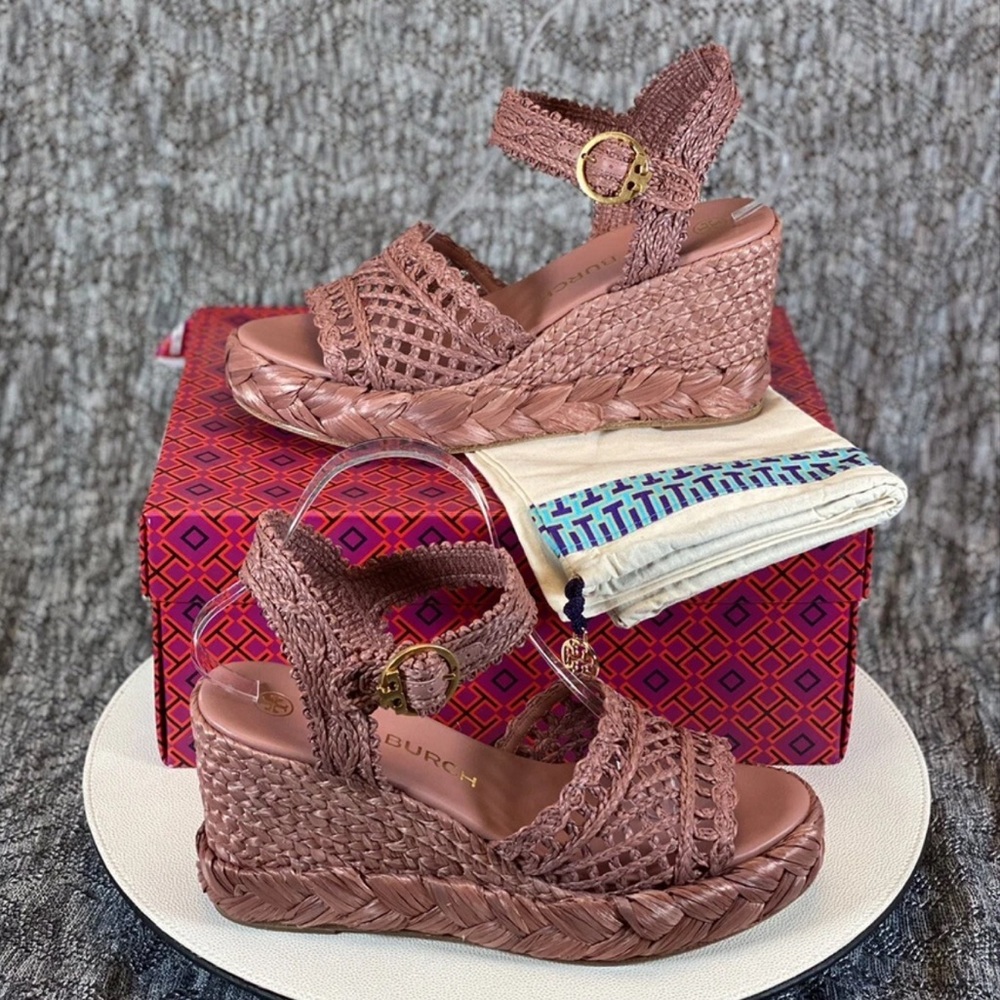 Tory Burch Raffia Wedge Sandal Heels 9
